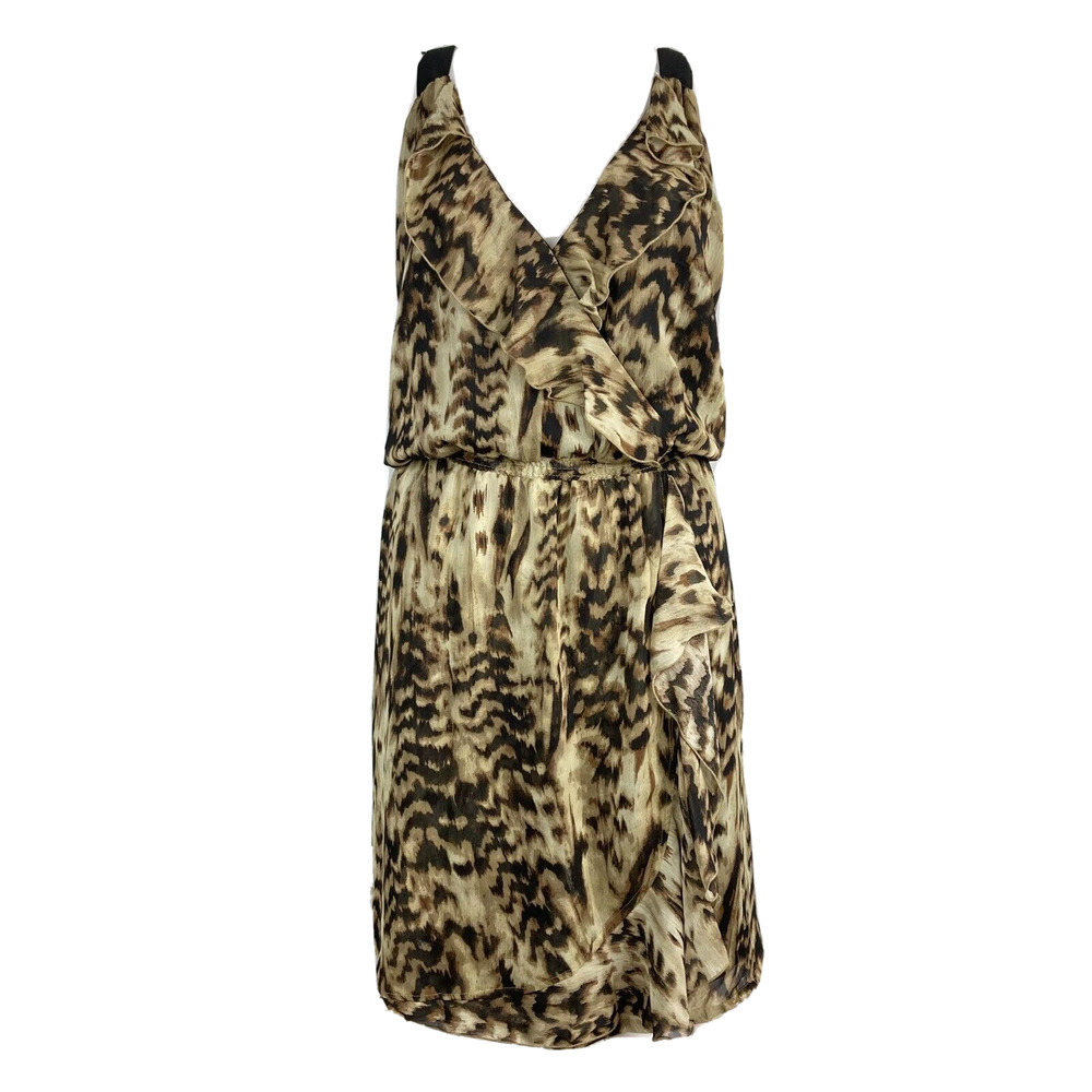 Fred David Dress Womens L Beige Chiffon Animal‎ Print Blouson Ruffle Wrap